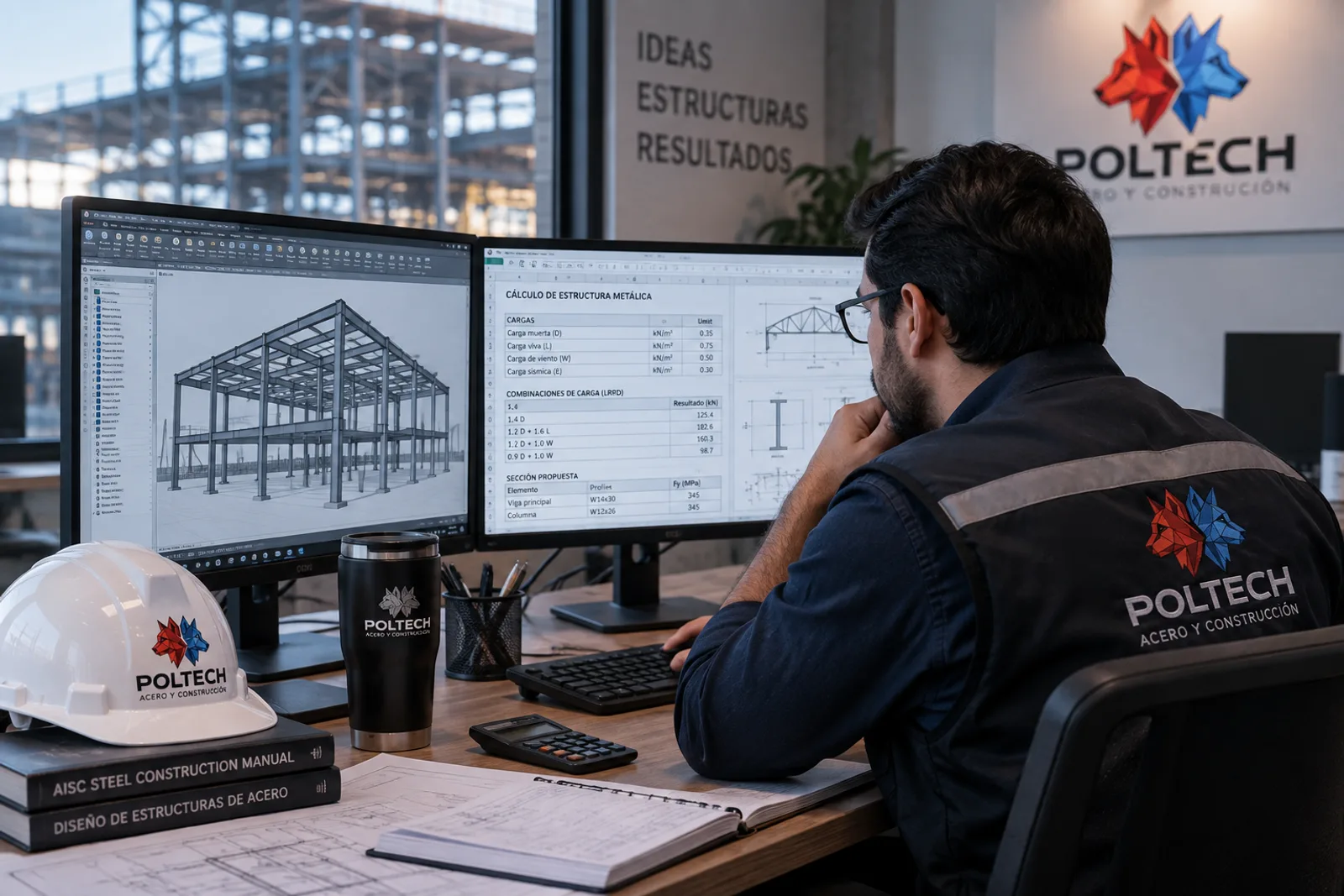 Ingeniero de Poltech revisando el modelo 3D de una nave y la memoria de cálculo en pantalla